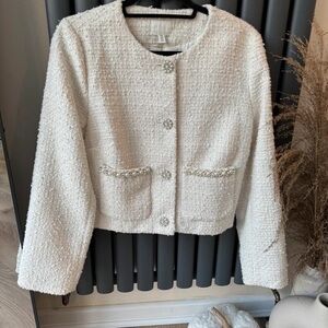 H&M Cream Bouclé Blazer with Pearl Accents